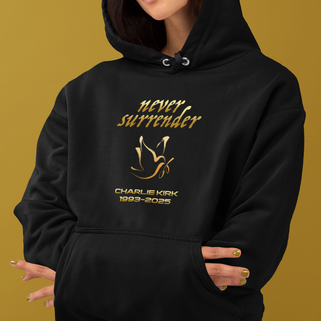 Never Surrender Charlie Kirk Hoodie - Cozy Streetwear, Unisex Gift, Casual Style, Motivational Apparel