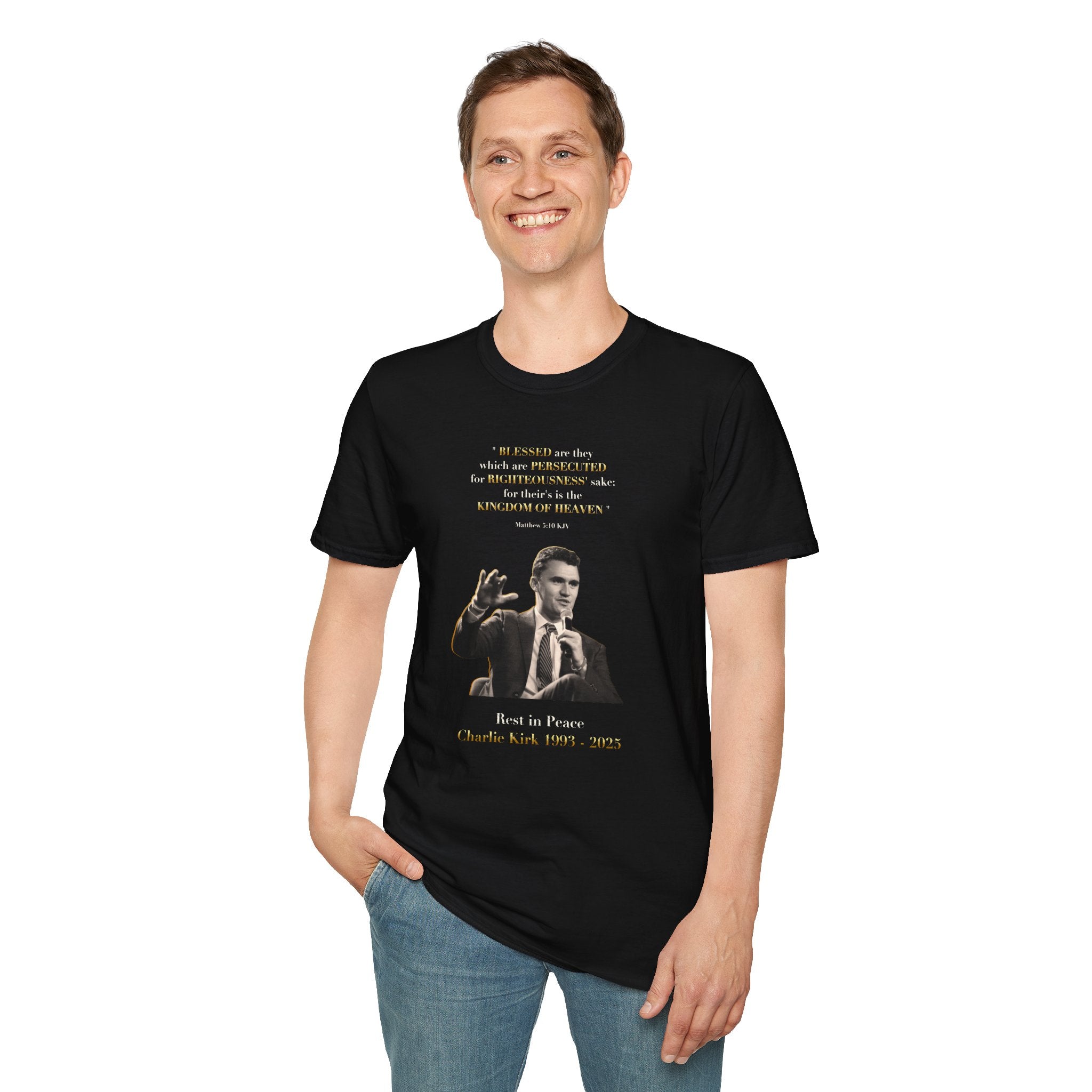 Rest in Peace Charlie Kirk Unisex T-Shirt, Matthew 5:10 Vintage Tribute Tee, Memorial Shirt, Grief Support Gift, Commemorative Wear